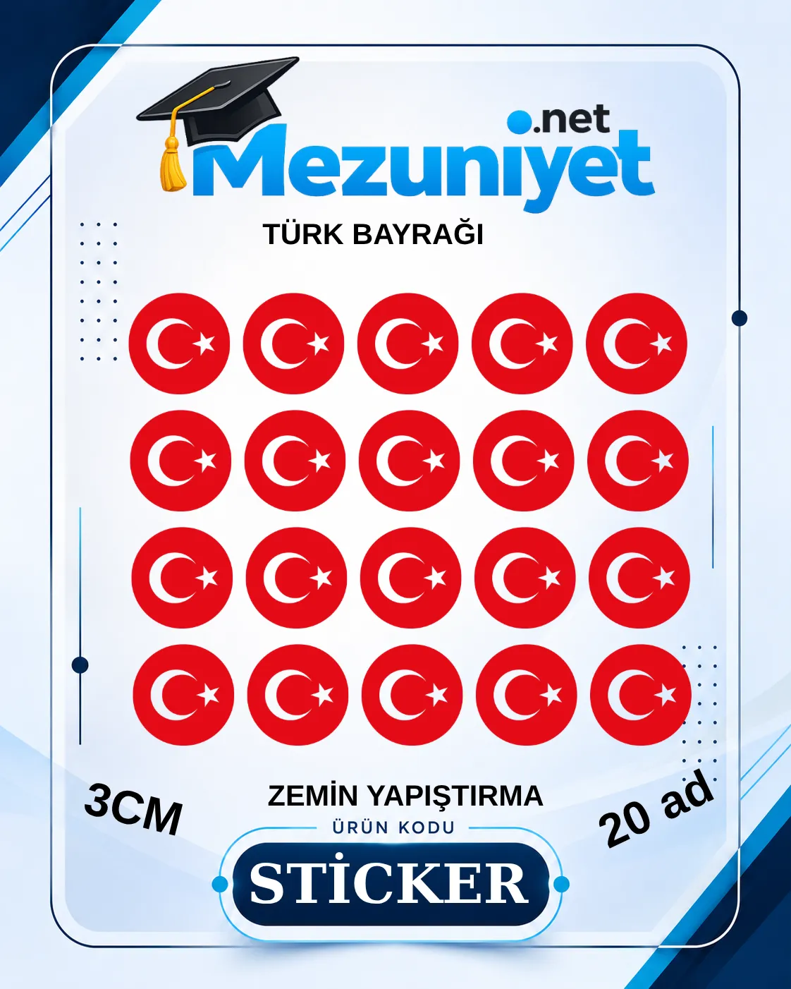 Türk bayrağı Sticker - 3cm ( Pakette 20 adet ) - Mezuniyet.Net