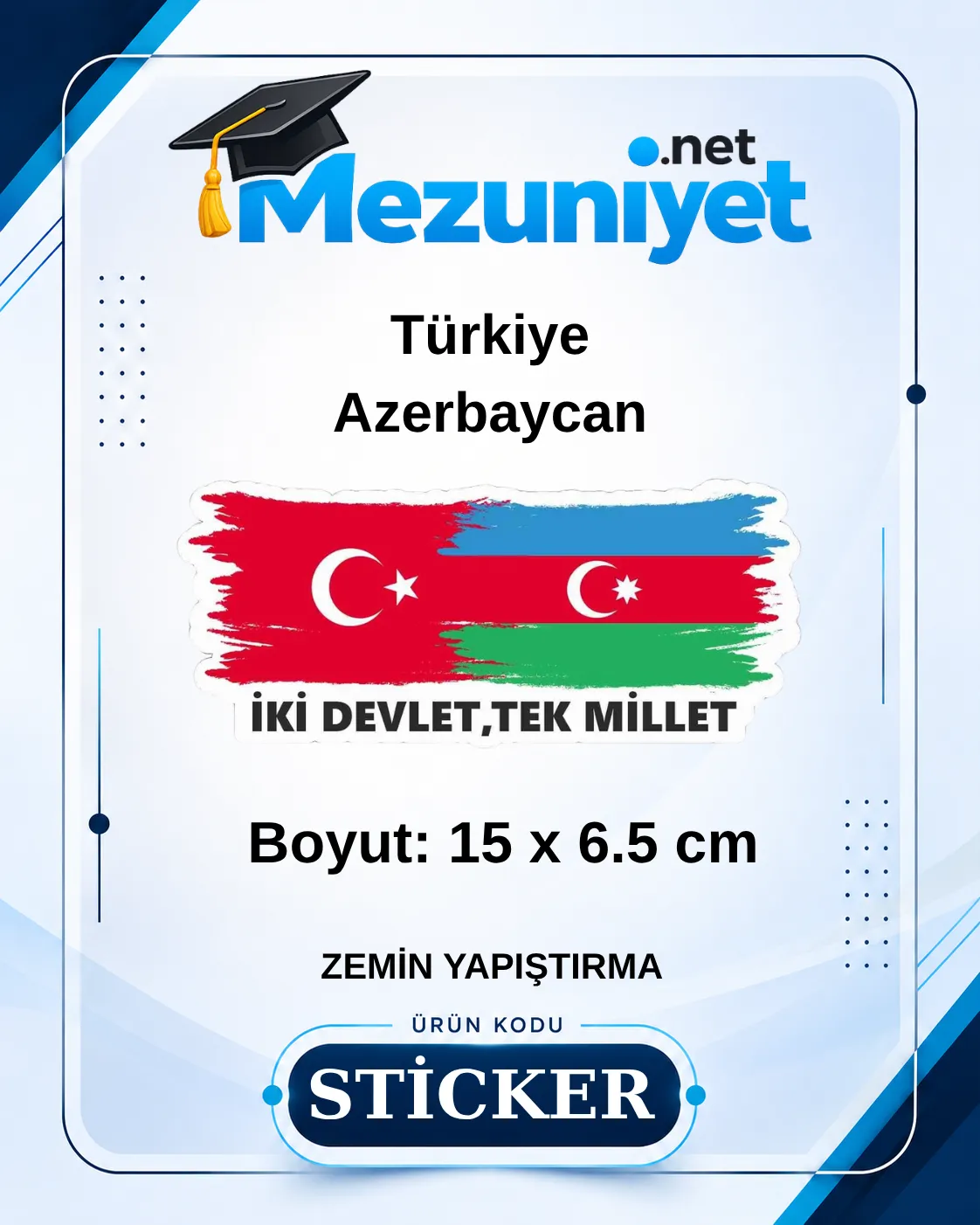 Türkiye Azerbaycan Bayrak Sticker - 15 x 6.5 cm - Mezuniyet.Net