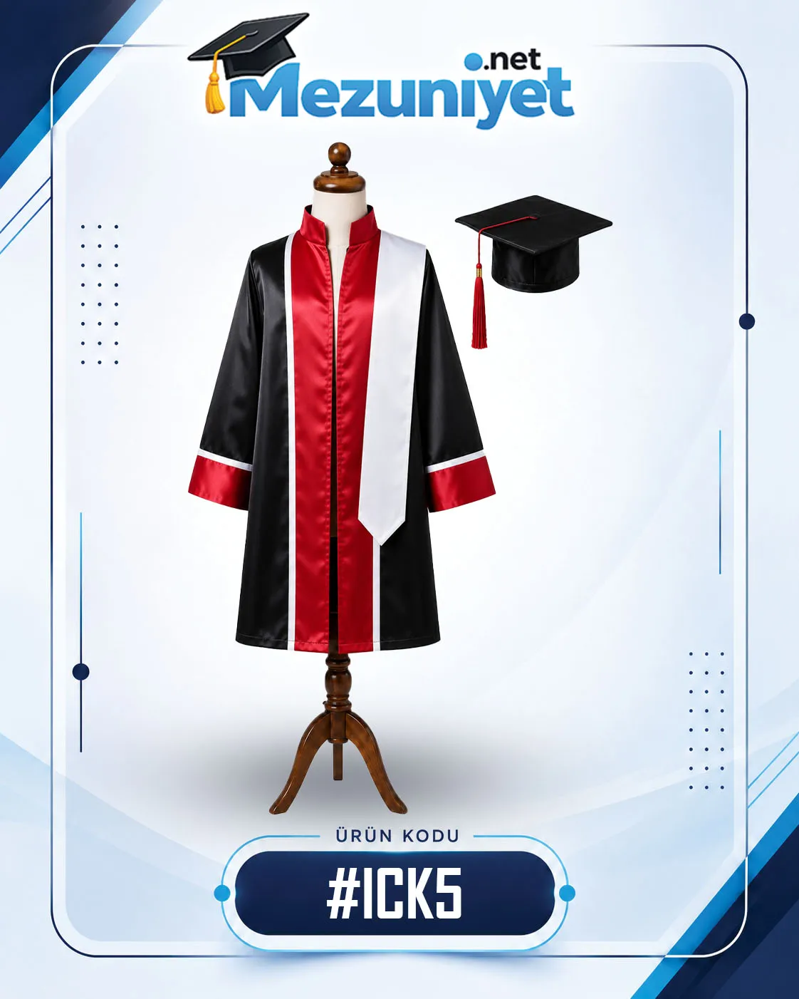 İlkokul - Siyah Kırmızı - Şeritli Şallı Model - Mezuniyet.Net